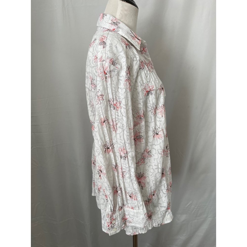 apt.9 White w/ Coral/Brown Floral Embroidered Crinkle Textured Button-up Shirt - Picture 4 of 10